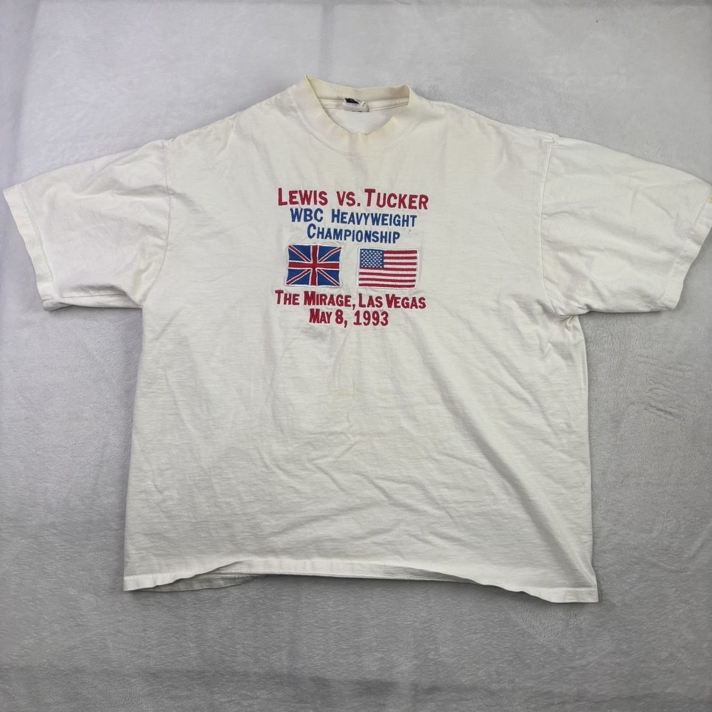 VTG 1993 The MIrage Lewis vs Tucket WBC White Short Sleeve Embroidered Shirt XL